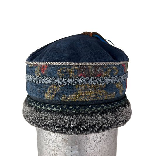 Navy Top Tibetan Pillbox Hat Green Medium/Small size