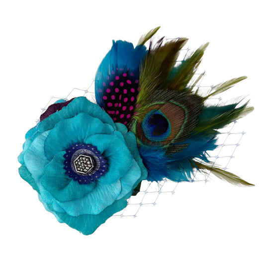 Rose Peacock Feather Fascinator Hair Clip Turquoise Blue
