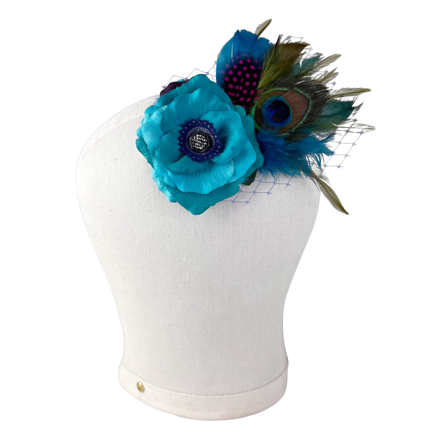 Rose Peacock Feather Fascinator Hair Clip Turquoise Blue