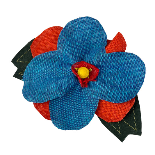 Linen Flower Brooch Pin Large Turquoise Orange