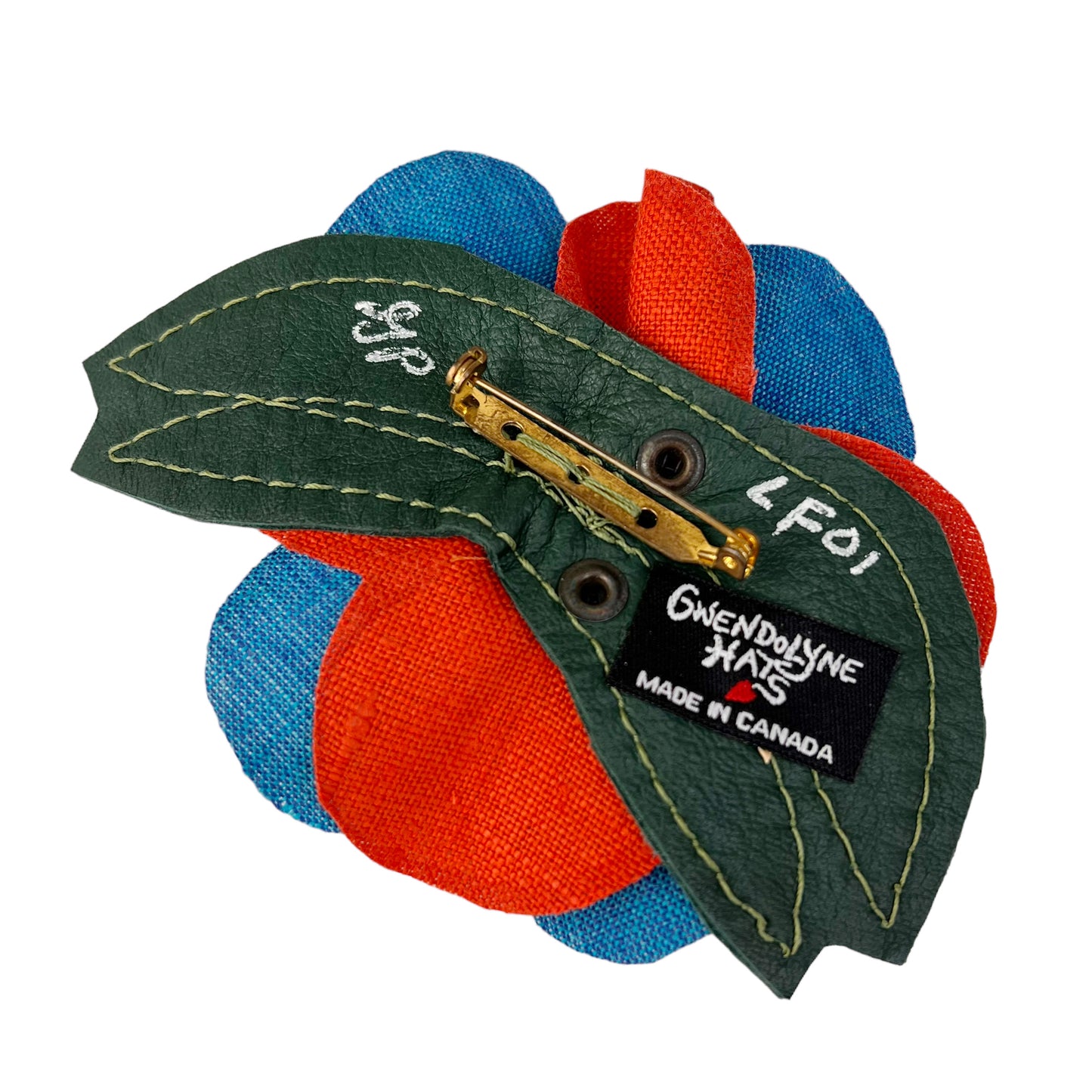 Linen Flower Brooch Pin Large Turquoise Orange