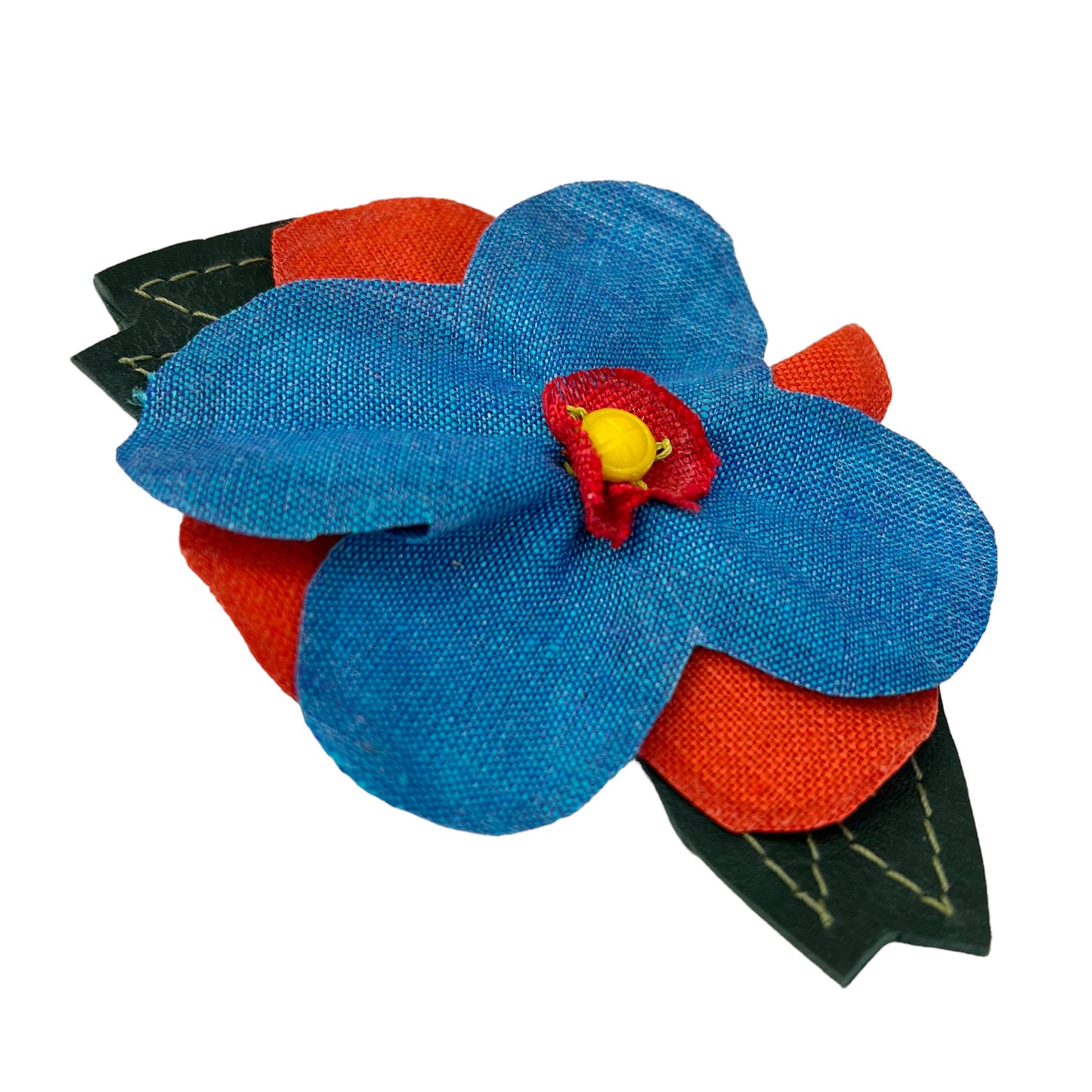Linen Flower Brooch Pin Large Turquoise Orange