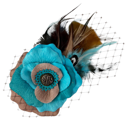 Blue Turquoise Rose Feather Fascinator Hair Clip