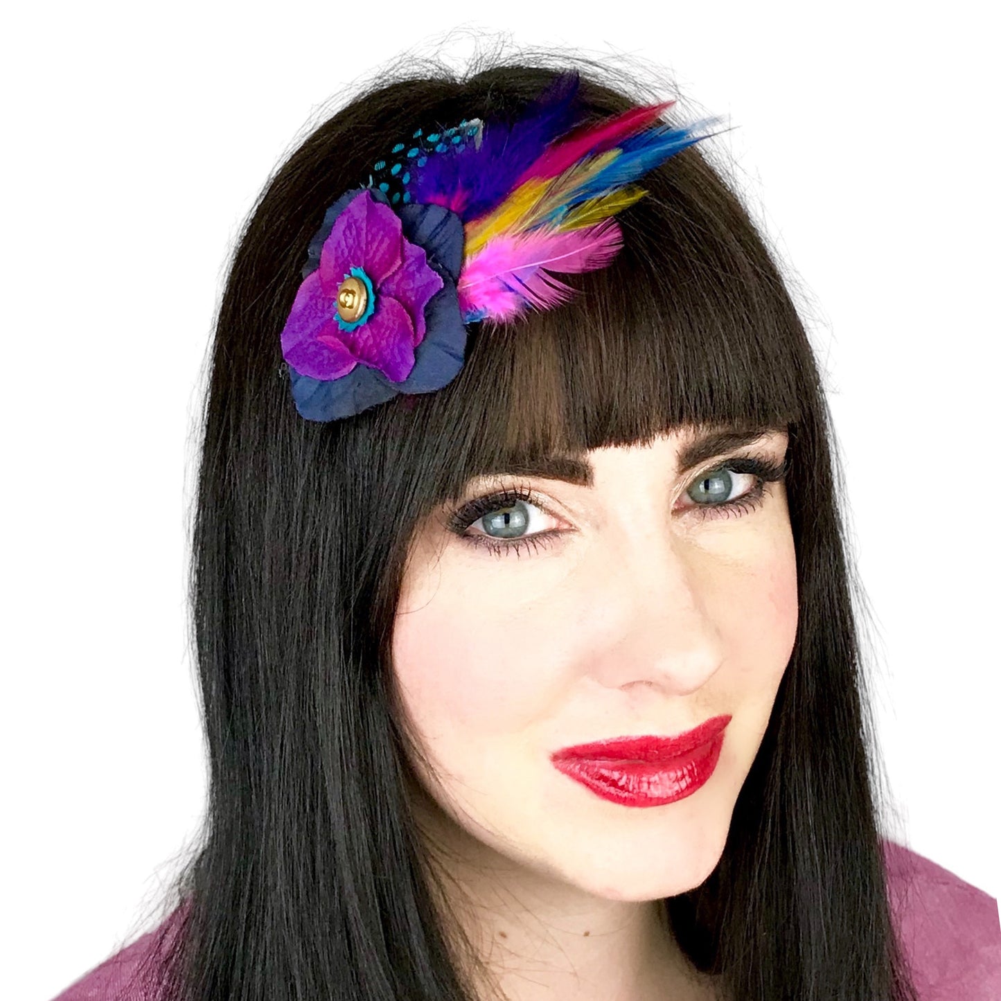 Small Flower Feather Hair Clip Violet Pink