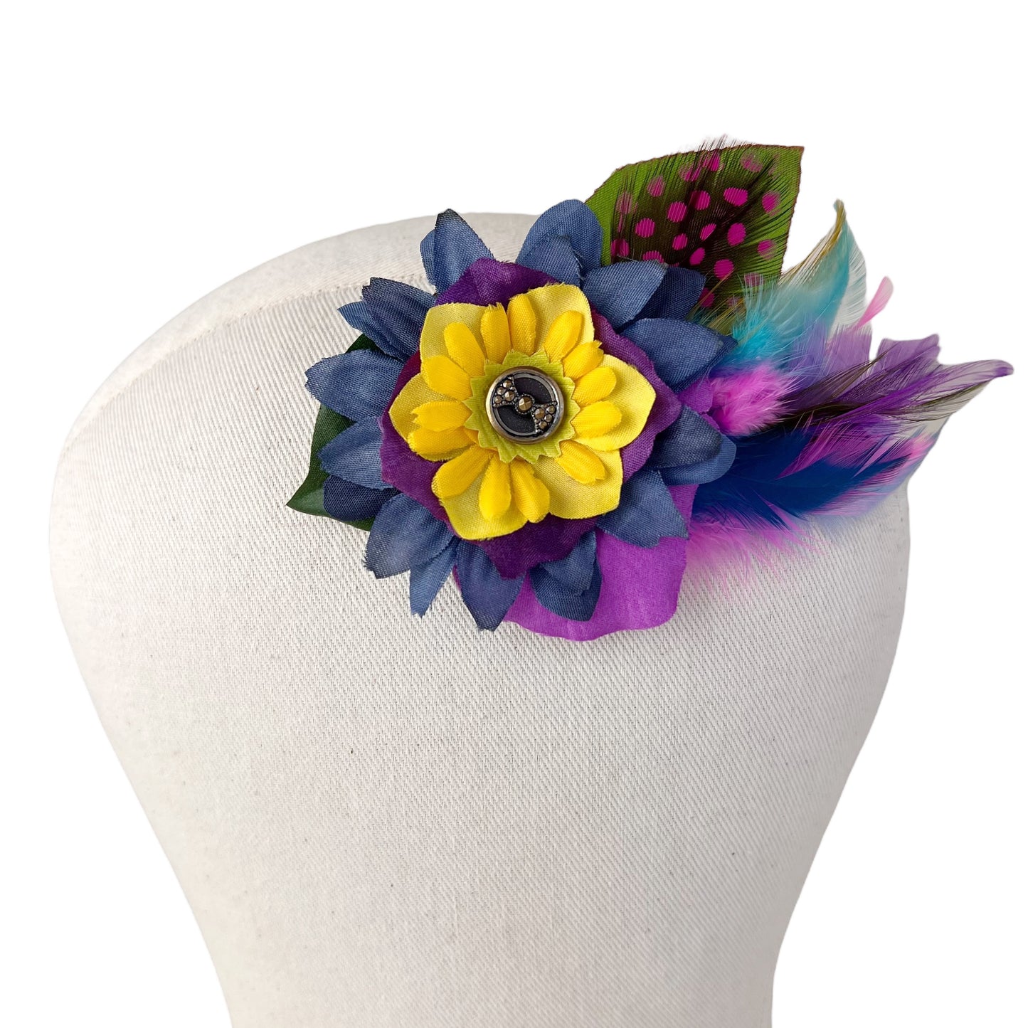 Small Flower Feather Hair Clip Yellow Navy Pink