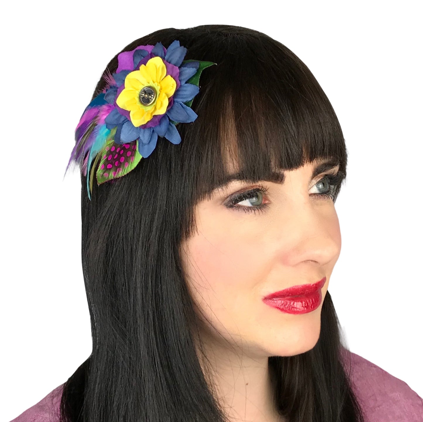 Small Flower Feather Hair Clip Yellow Navy Pink
