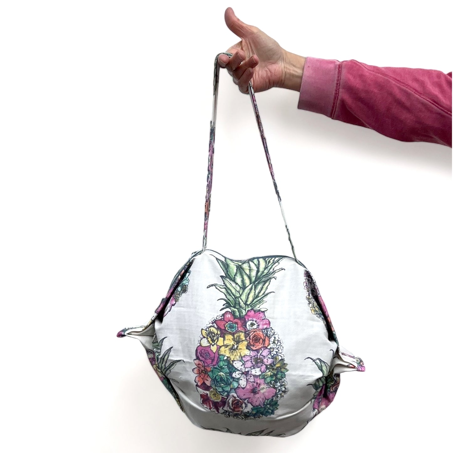 Pineapple Linen Travel Shoulder Bag Tote Wine Coloured Zipper