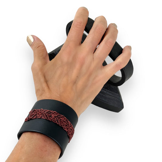 Brown Macrame Black Leather Wrist Cuff Bracelet Size 2