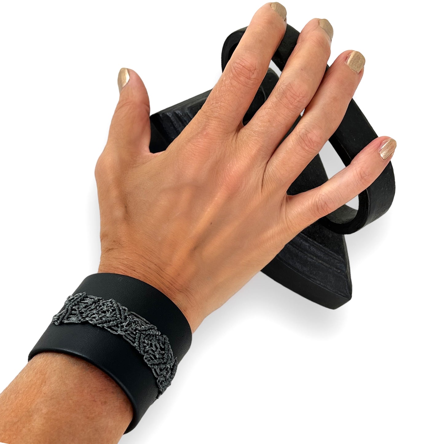 Grey Macrame Black Leather Wrist Cuff Bracelet Size 1