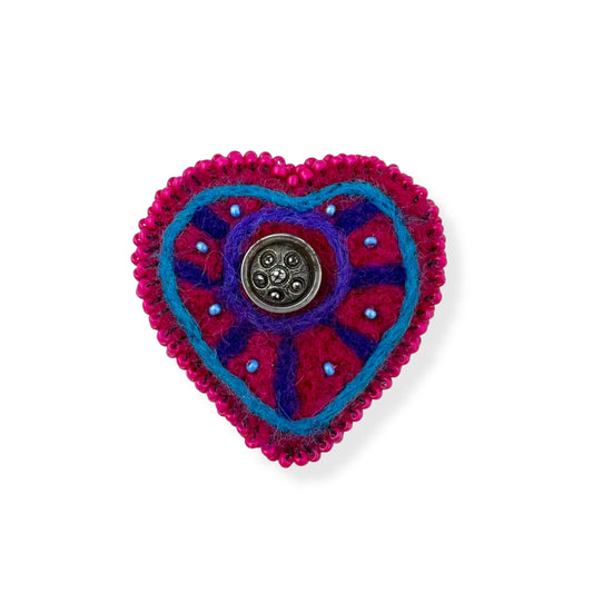 Red and Blue Hand Felted Heart Brooch 2025 Edition #3