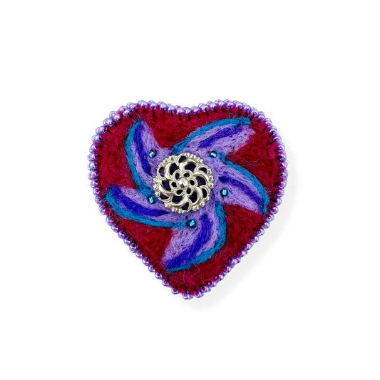 Red and Purple Hand Felted Heart Brooch 2025 Edition #7