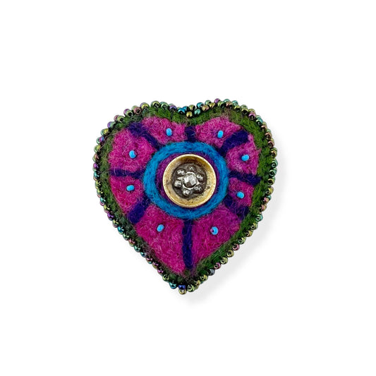 Purple Pink and Green Hand Felted Heart Brooch 2025 Edition #8