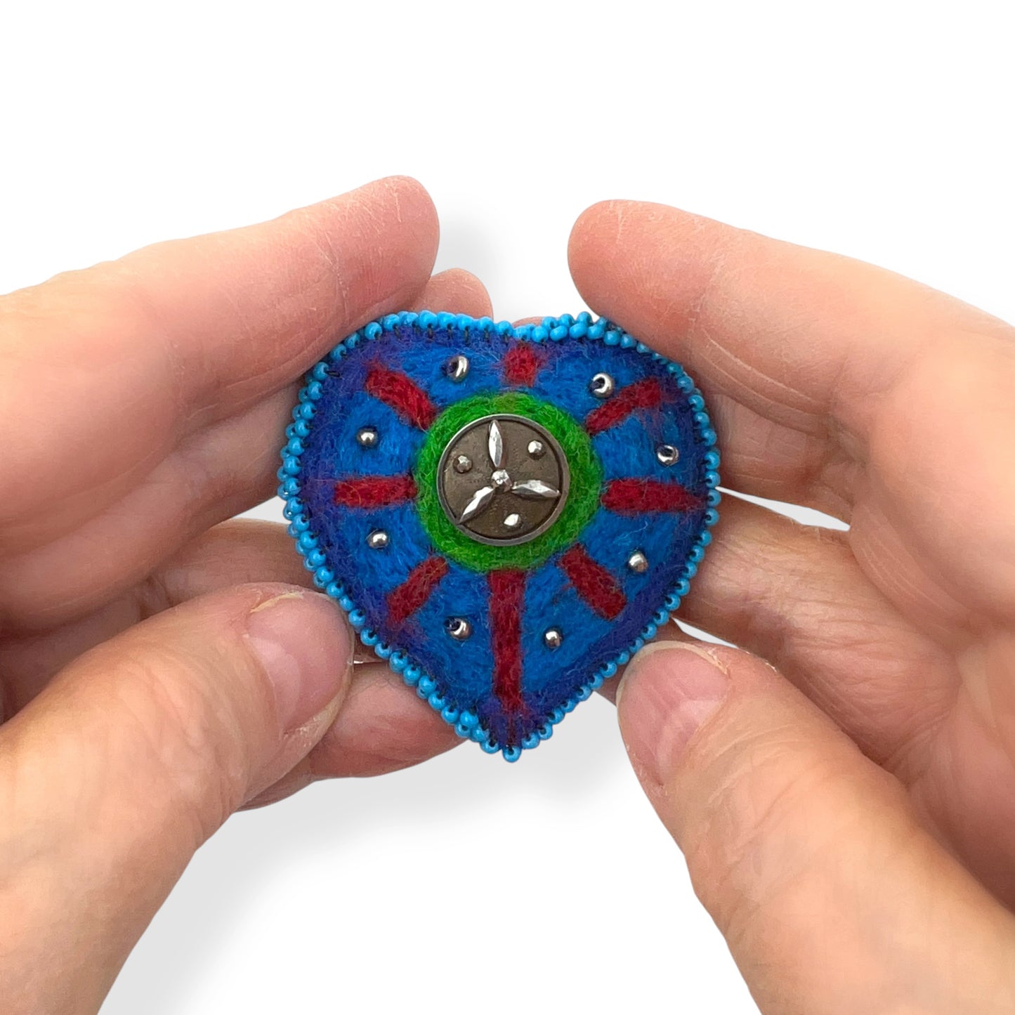 Blue red and green Hand Felted Heart Brooch 2025 Edition #11