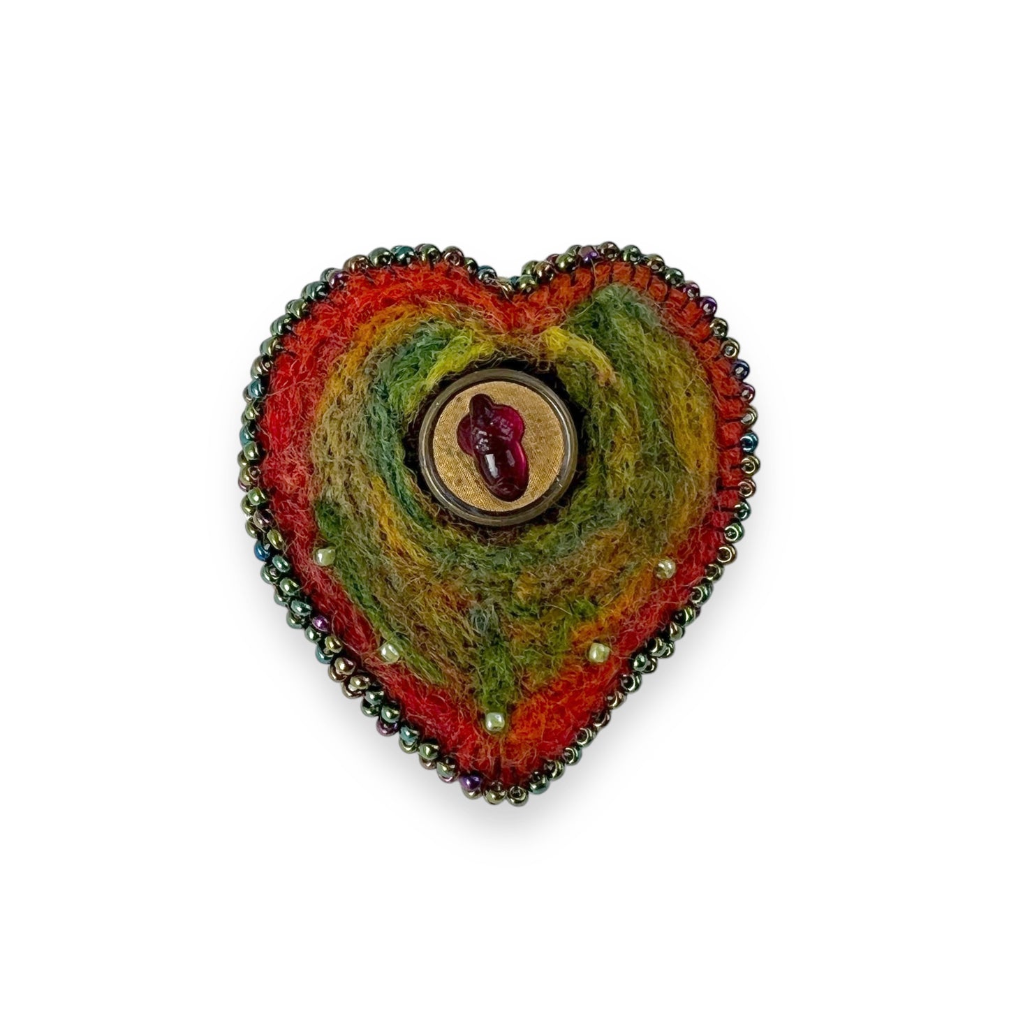 Rust and Green Hand Felted Heart Brooch edition #14