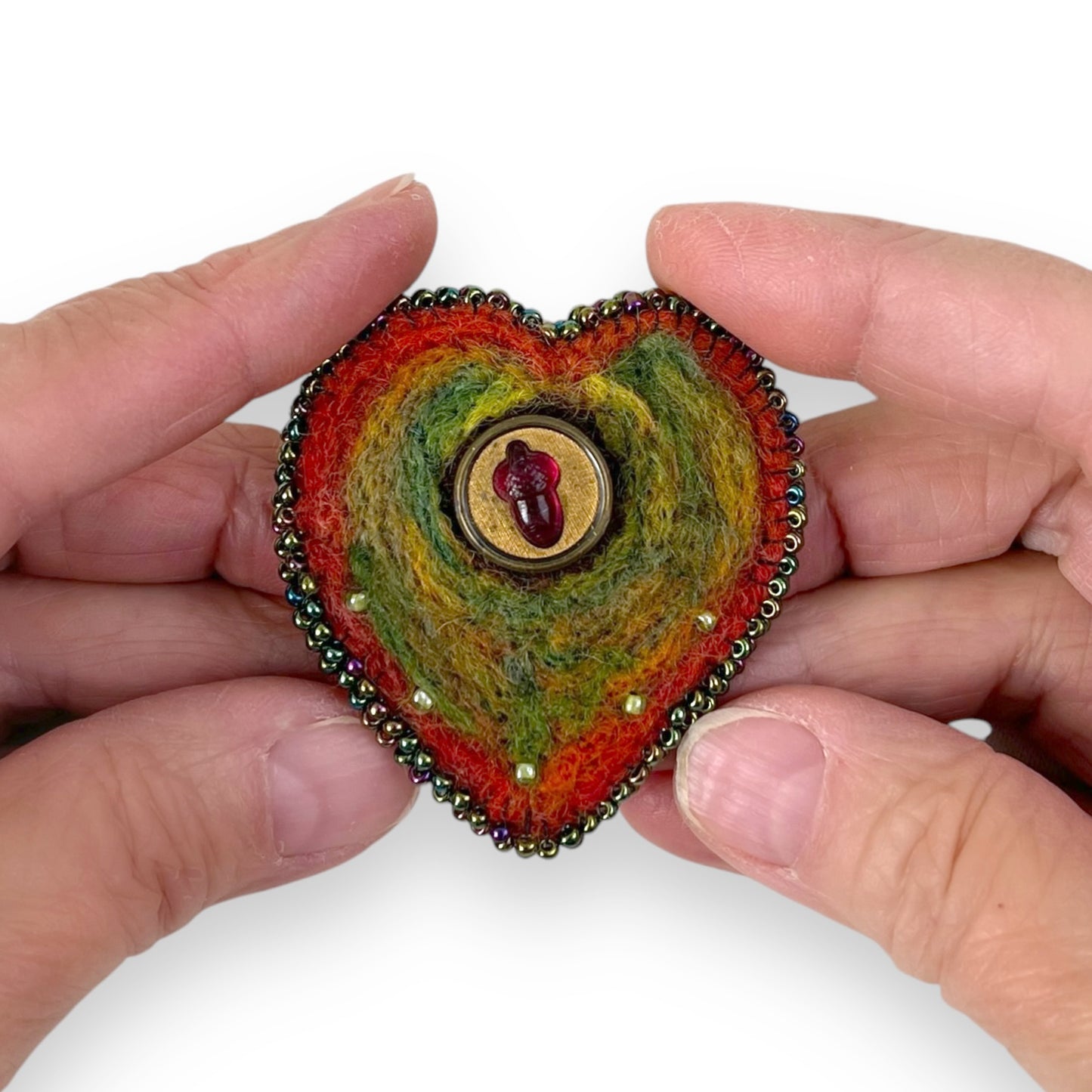 Rust and Green Hand Felted Heart Brooch edition #14