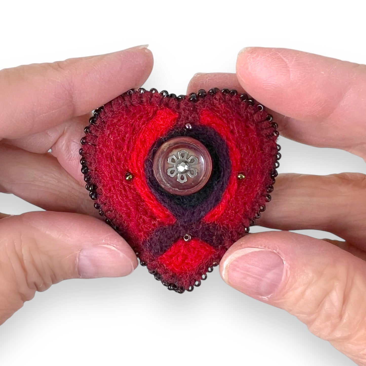 Red and Black Hand Felted Heart Brooch edition #16