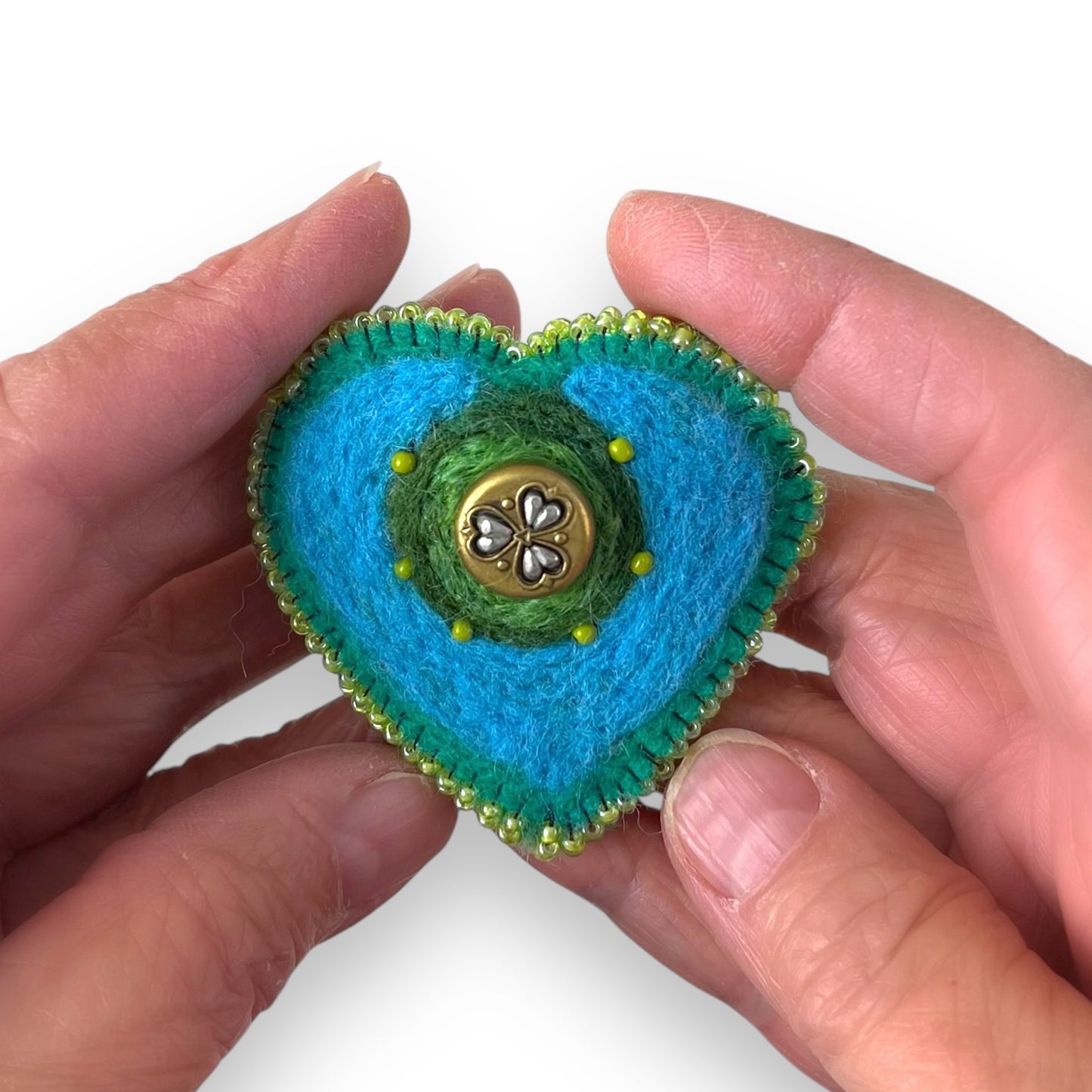 Green and Blue Hand Felted Heart Brooch edition #17