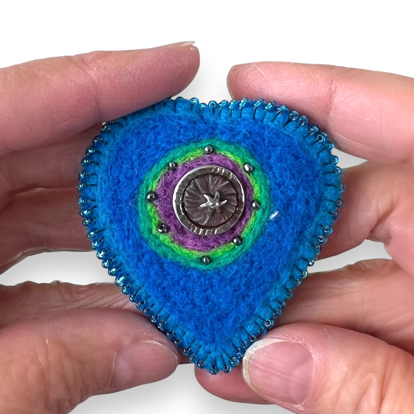 Blue Hand Felted Heart Brooch edition #20