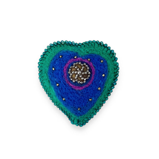 Blue and Green Hand Felted Heart Brooch edition #21