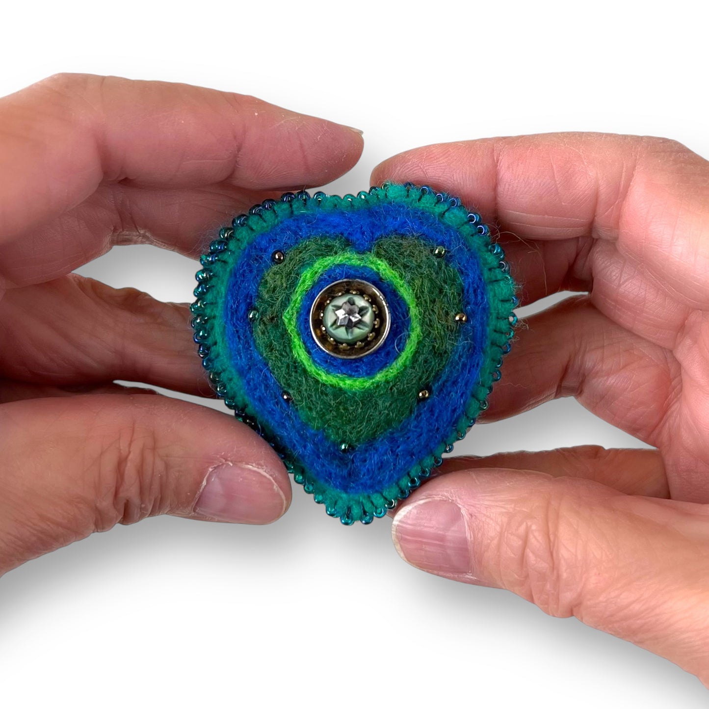 Blue Green Hand Felted Heart Brooch edition #24