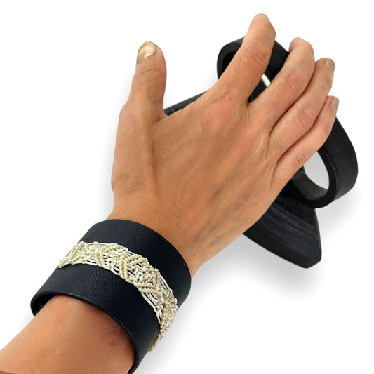 Ivory Macrame Black Leather Wrist Cuff Bracelet Size 4