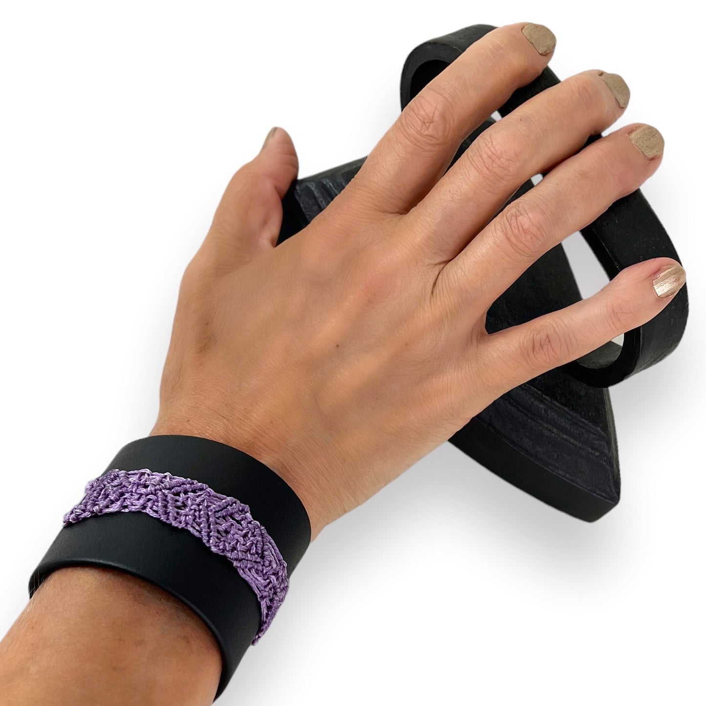 Lilac Macrame Black Leather Wrist Cuff Bracelet Size 1