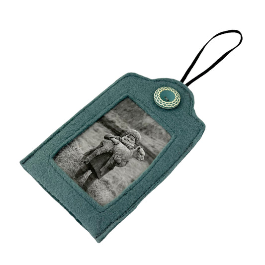 Blue Felt Ornamental Hanging Frame - Black and White Child with Lamb in Arms