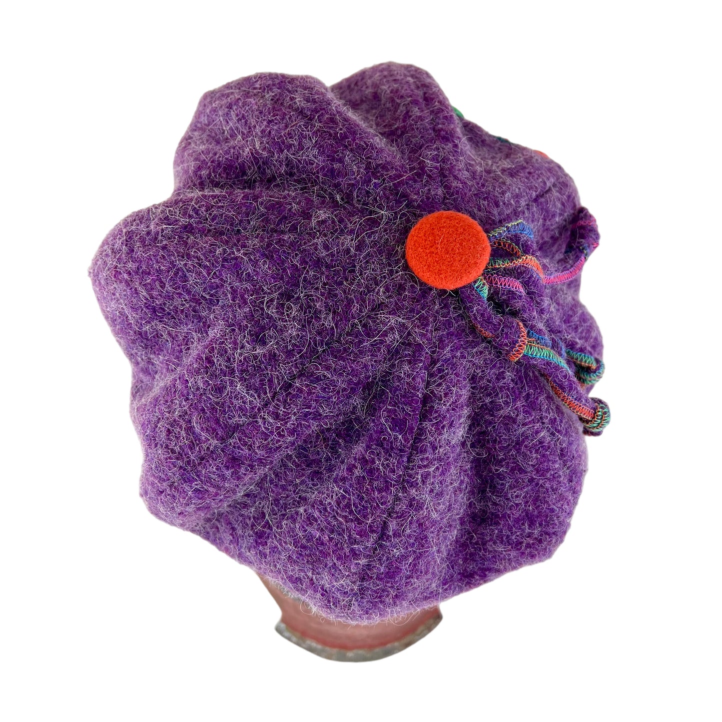 Purple Pumpkin Wool Knit Beret Tam Medium to Large Orange Button PPE6