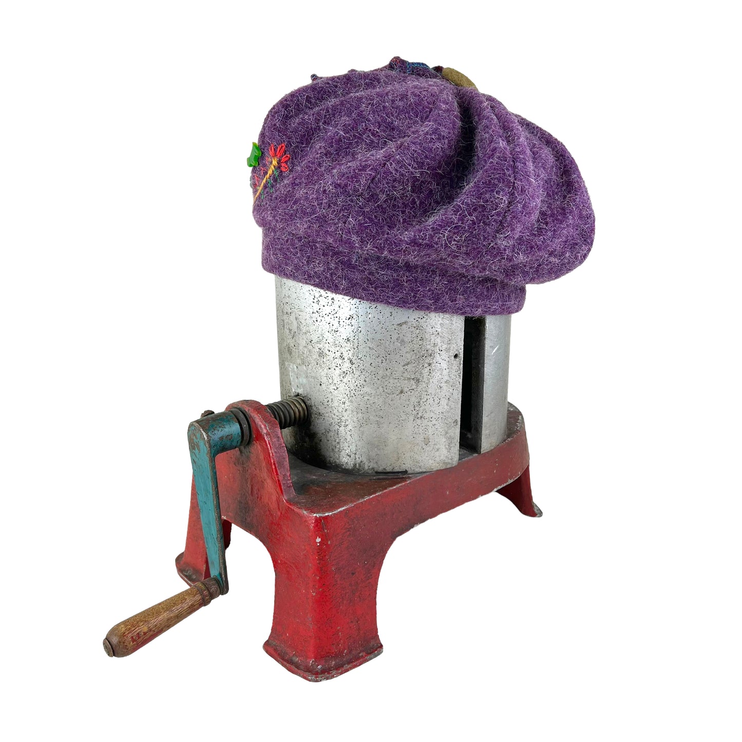 Purple Pumpkin Wool Knit Beret Tam Medium to Large Lime Button PPE3