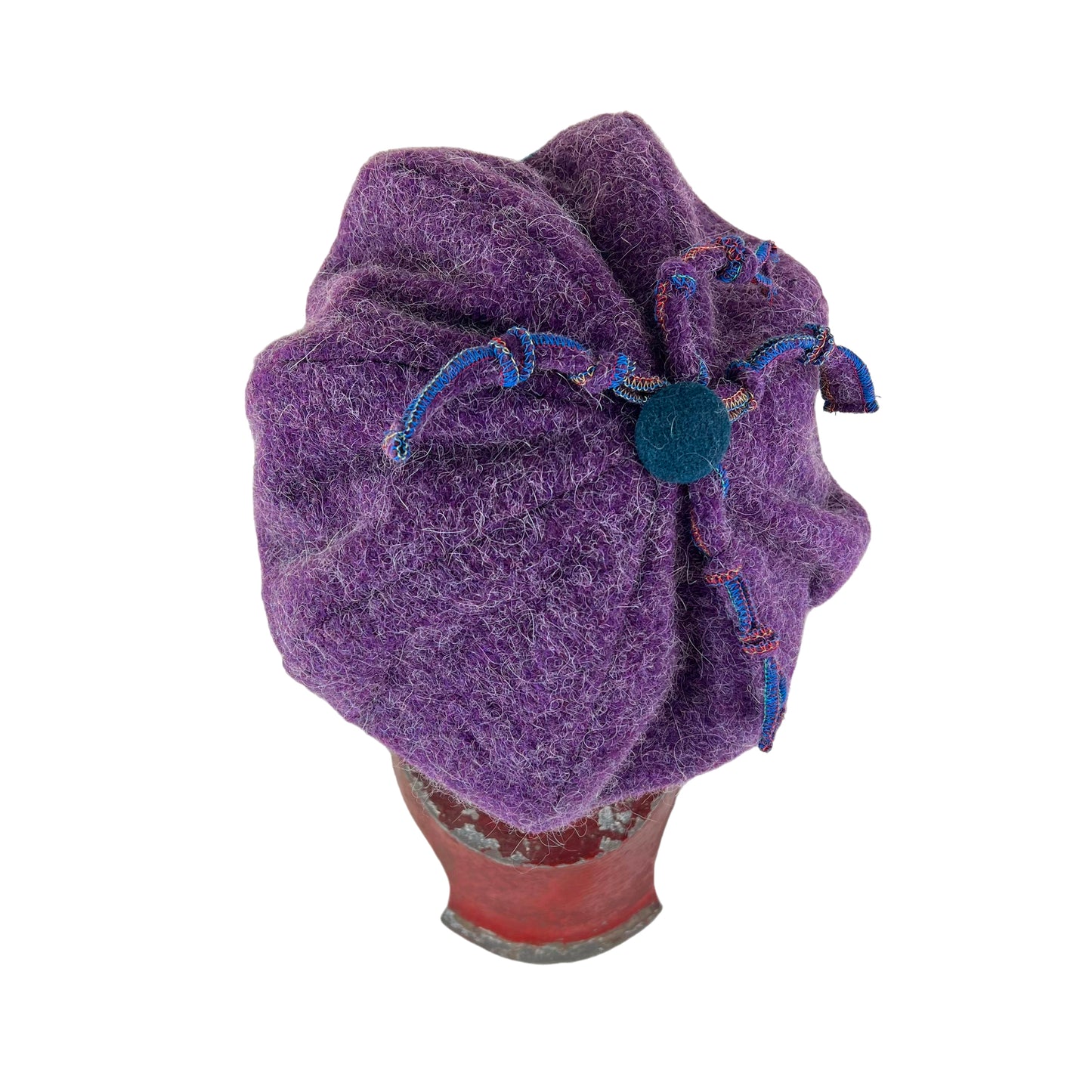 Purple Pumpkin Wool Knit Beret Tam Medium to Large Teal Blue Button PPE4