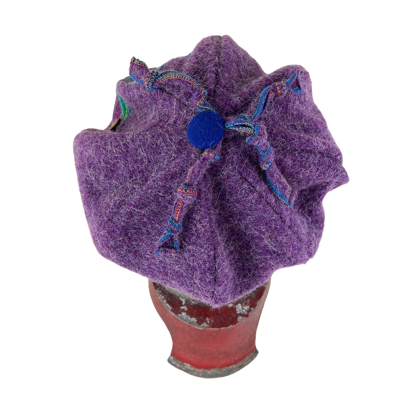 Purple Pumpkin Wool Knit Beret Tam Medium to Large Royal Blue Button PPE5