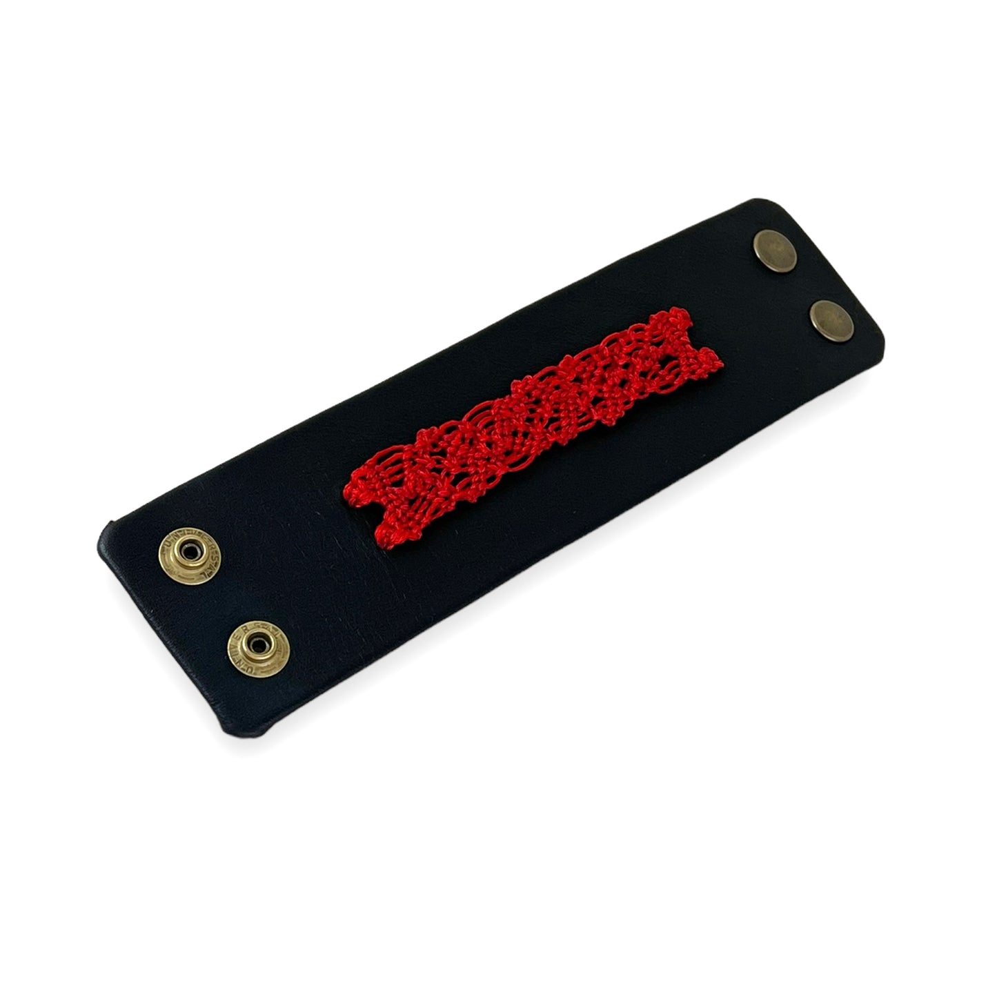Red Macrame Black Leather Wrist Cuff Bracelet Size 1