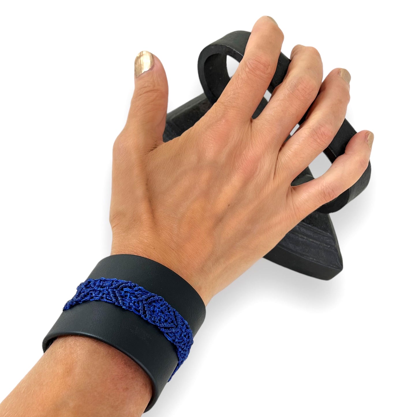 Royal Blue Macrame Black Leather Wrist Cuff Bracelet Size 2
