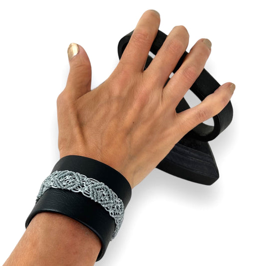 Silver Macrame Black Leather Wrist Cuff Bracelet Size 3
