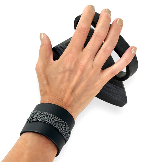 Silver Macrame Black Leather Wrist Cuff Bracelet Size 2