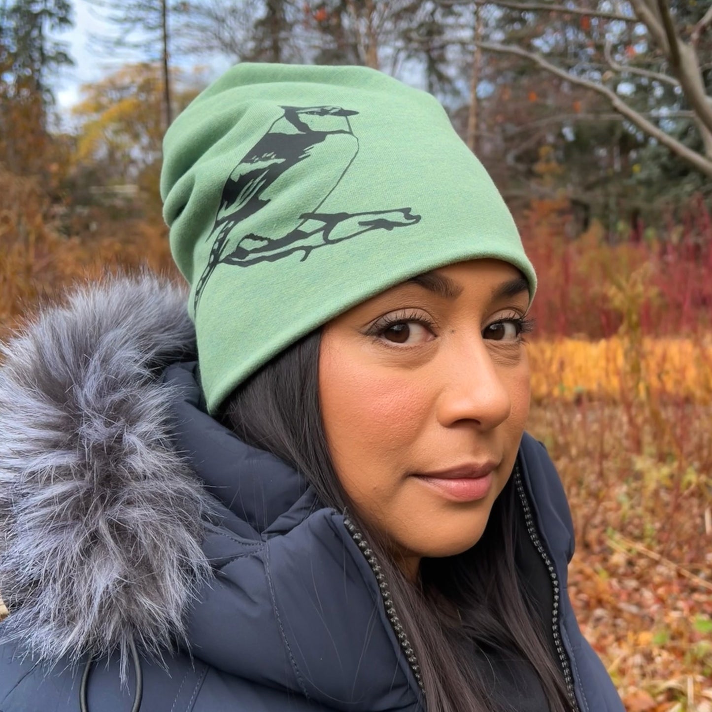 Blue Jay Slouchy Bird Toque Hat Heather Green