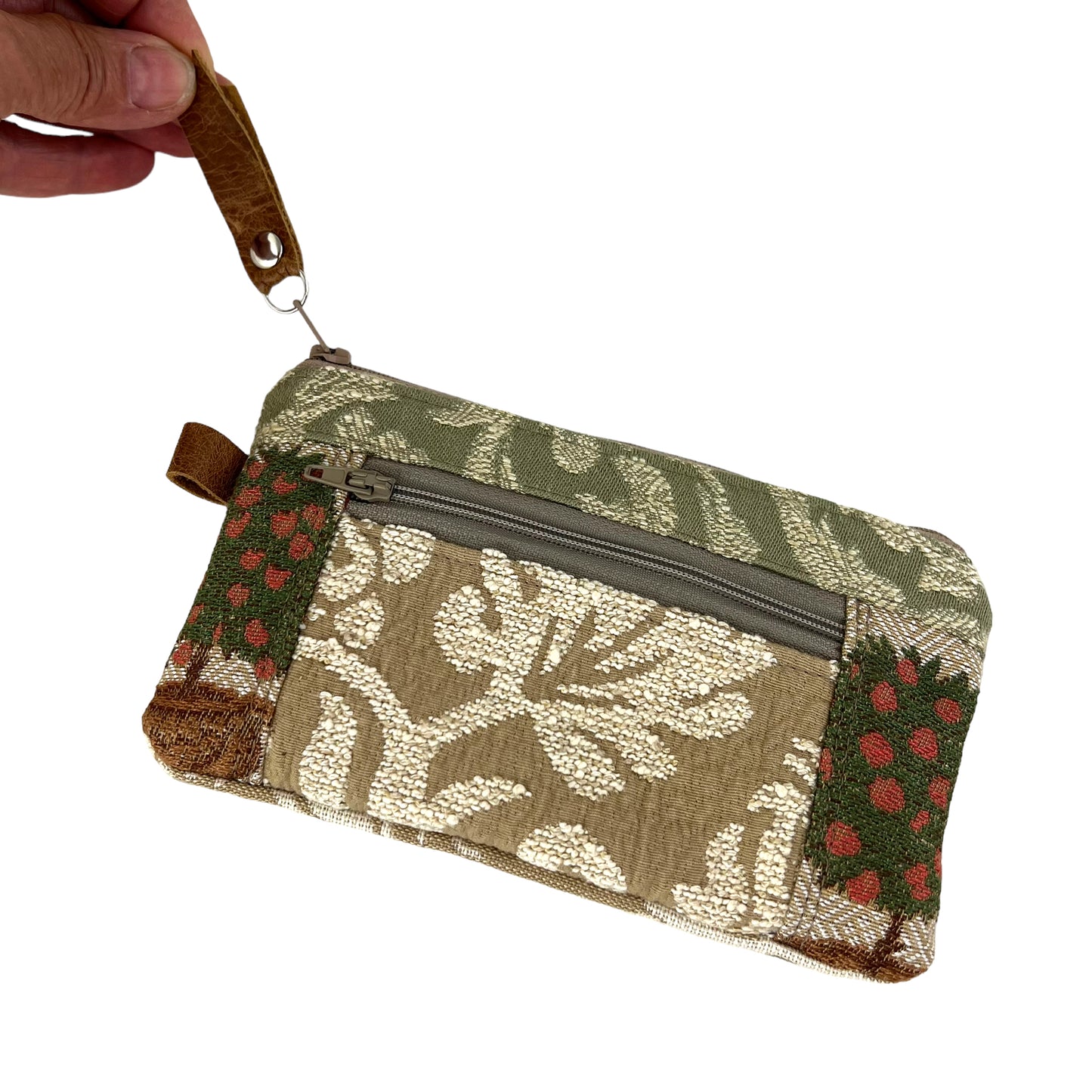 Beige Green Ivory Patchwork Tapestry Zipper Card Wallet