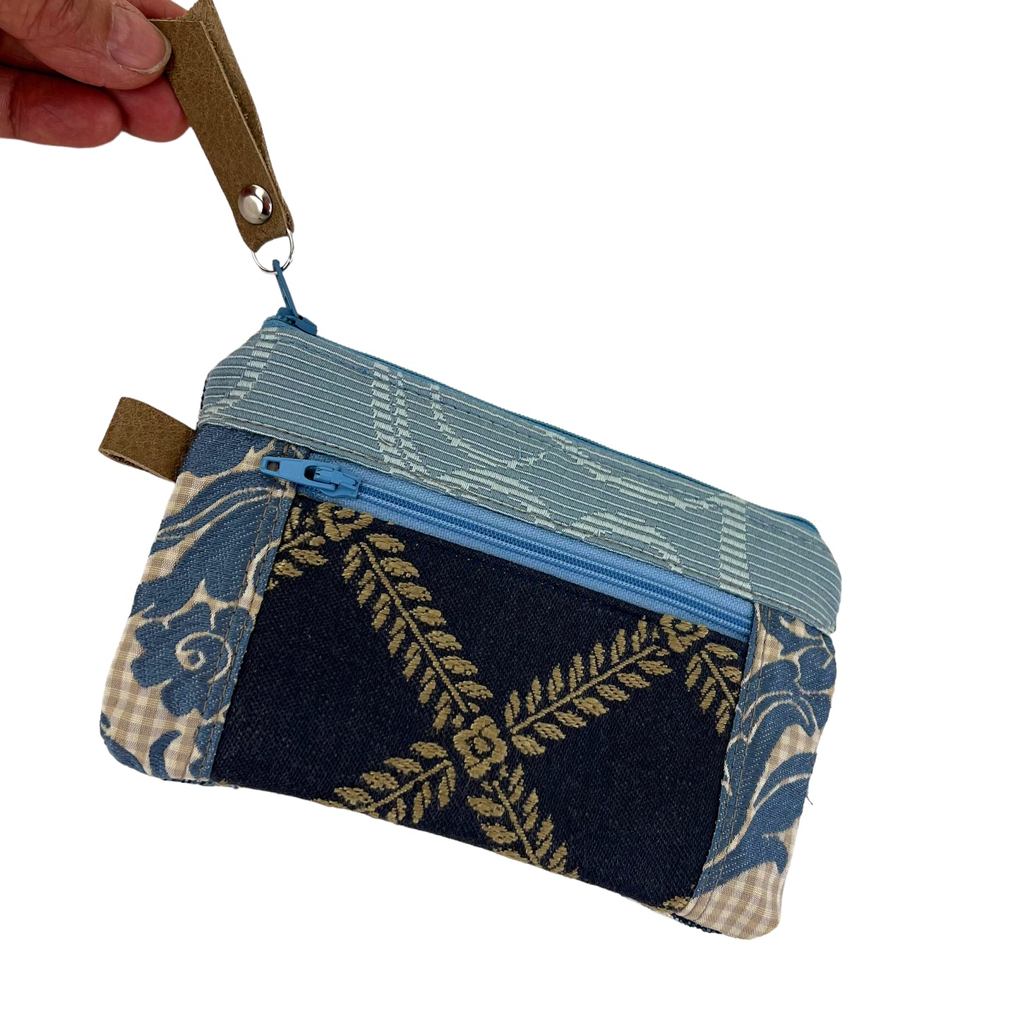 Small Zipper Card Tapestry Wallet Pale Blue Wheat Patchwork