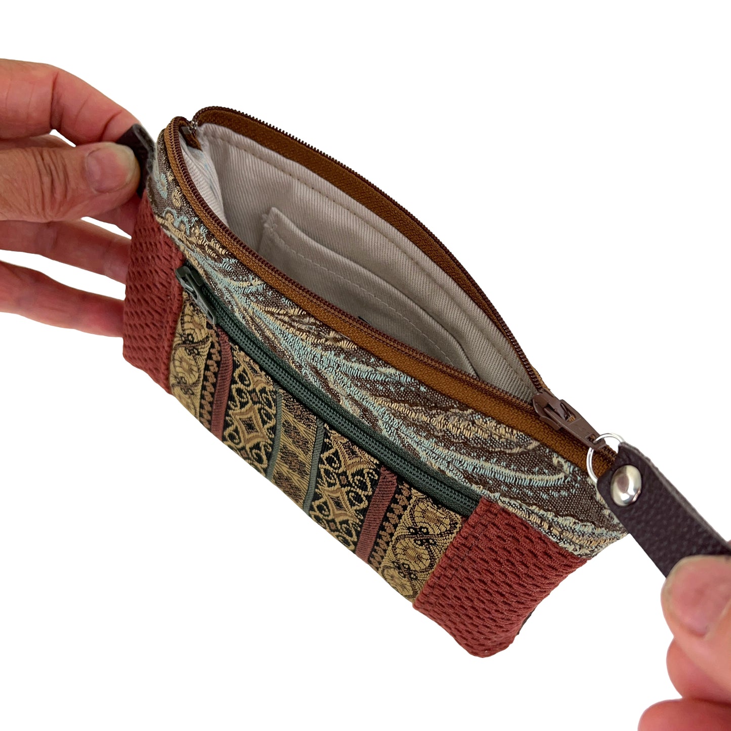 Small Zipper Card Tapestry Wallet Rich Rust Brown Patchwork