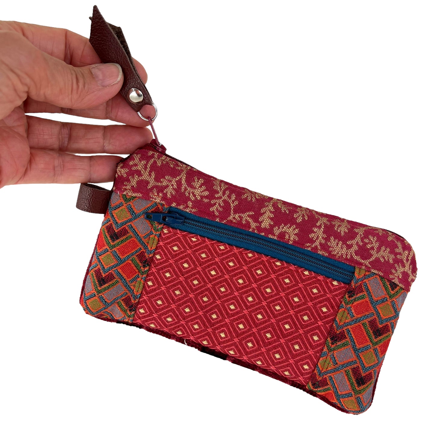 Small Zipper Card Tapestry Wallet Red Teal Zipper Patchwork