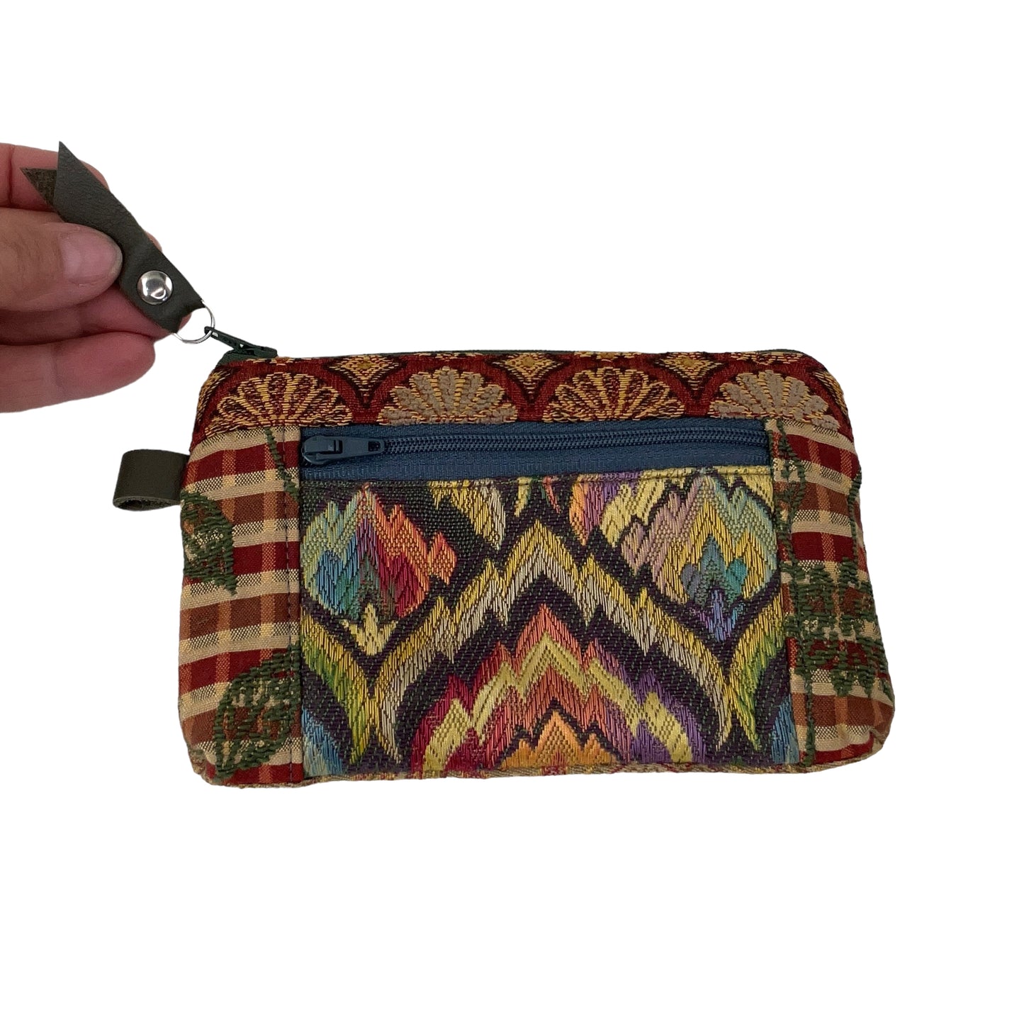 Rust Orange Green Patchwork Tapestry Zipper Card Wallet