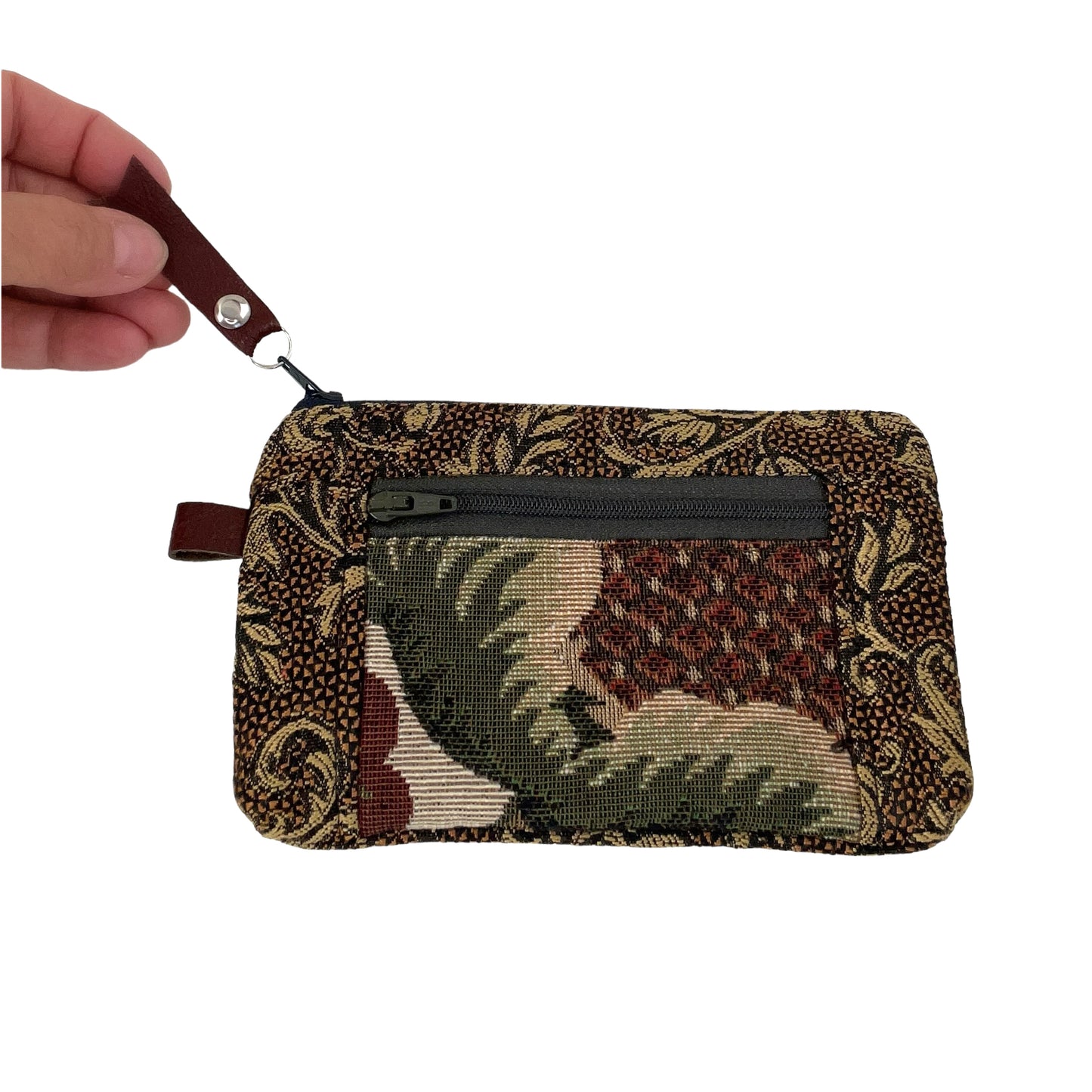 Brown Green Taupe Patchwork Tapestry Zipper Card Wallet