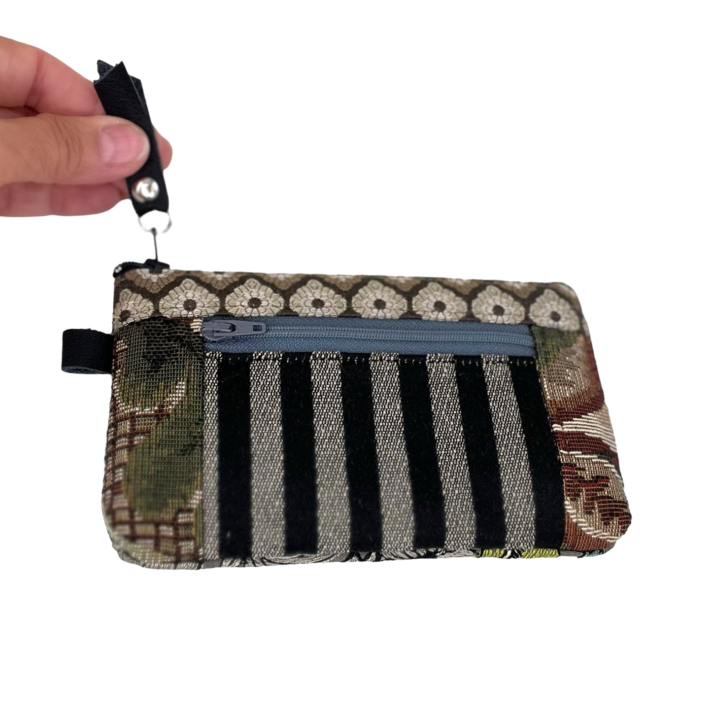 Black Grey and Taupe Patchwork Tapestry Zipper Card Wallet