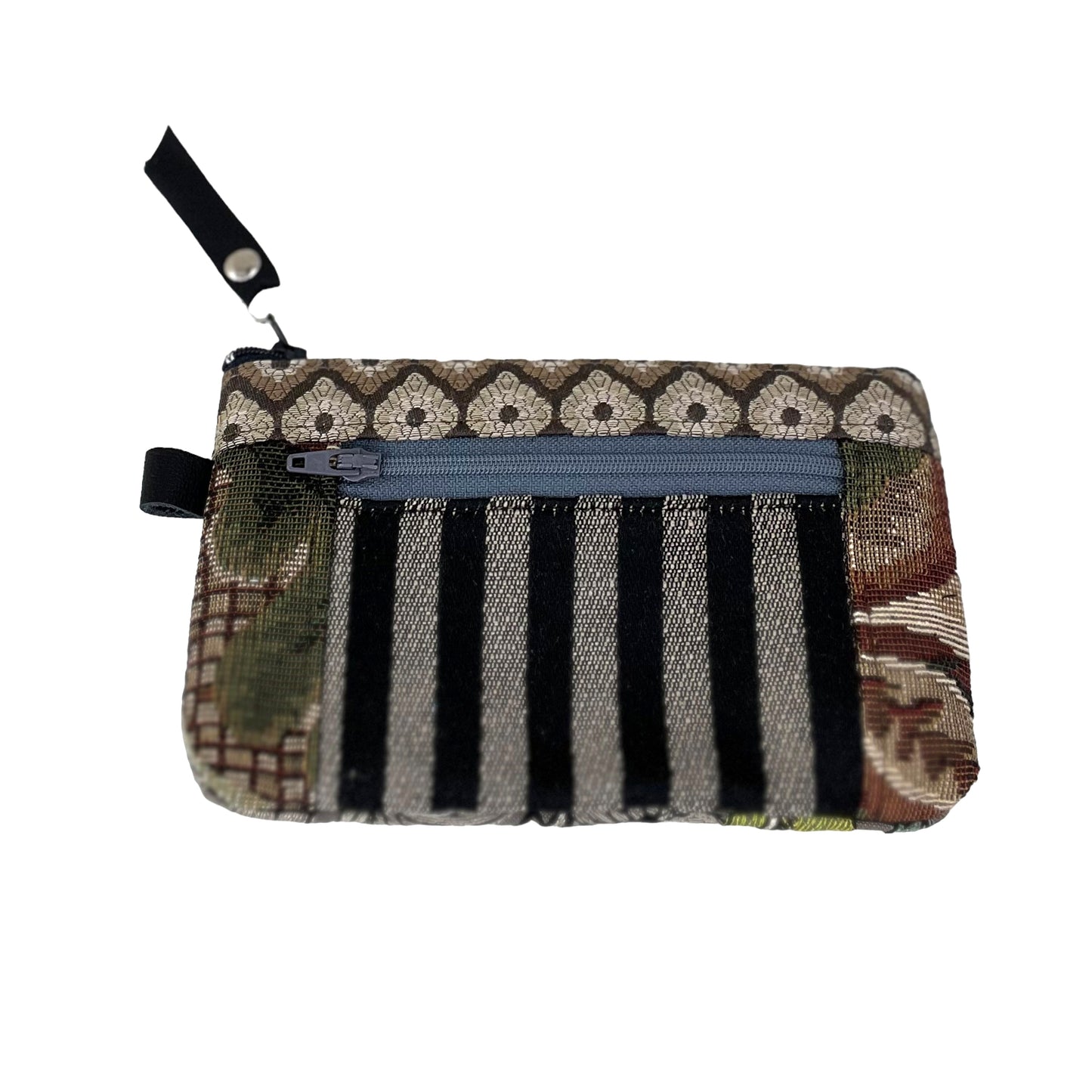 Black Grey and Taupe Patchwork Tapestry Zipper Card Wallet