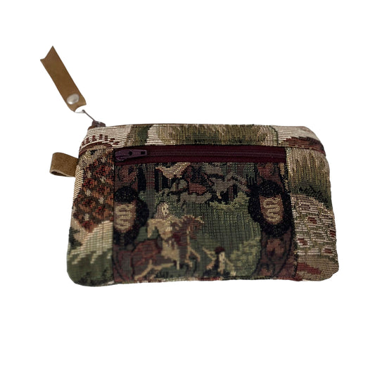 Black Green and Taupe Patchwork Tapestry Zipper Card Wallet