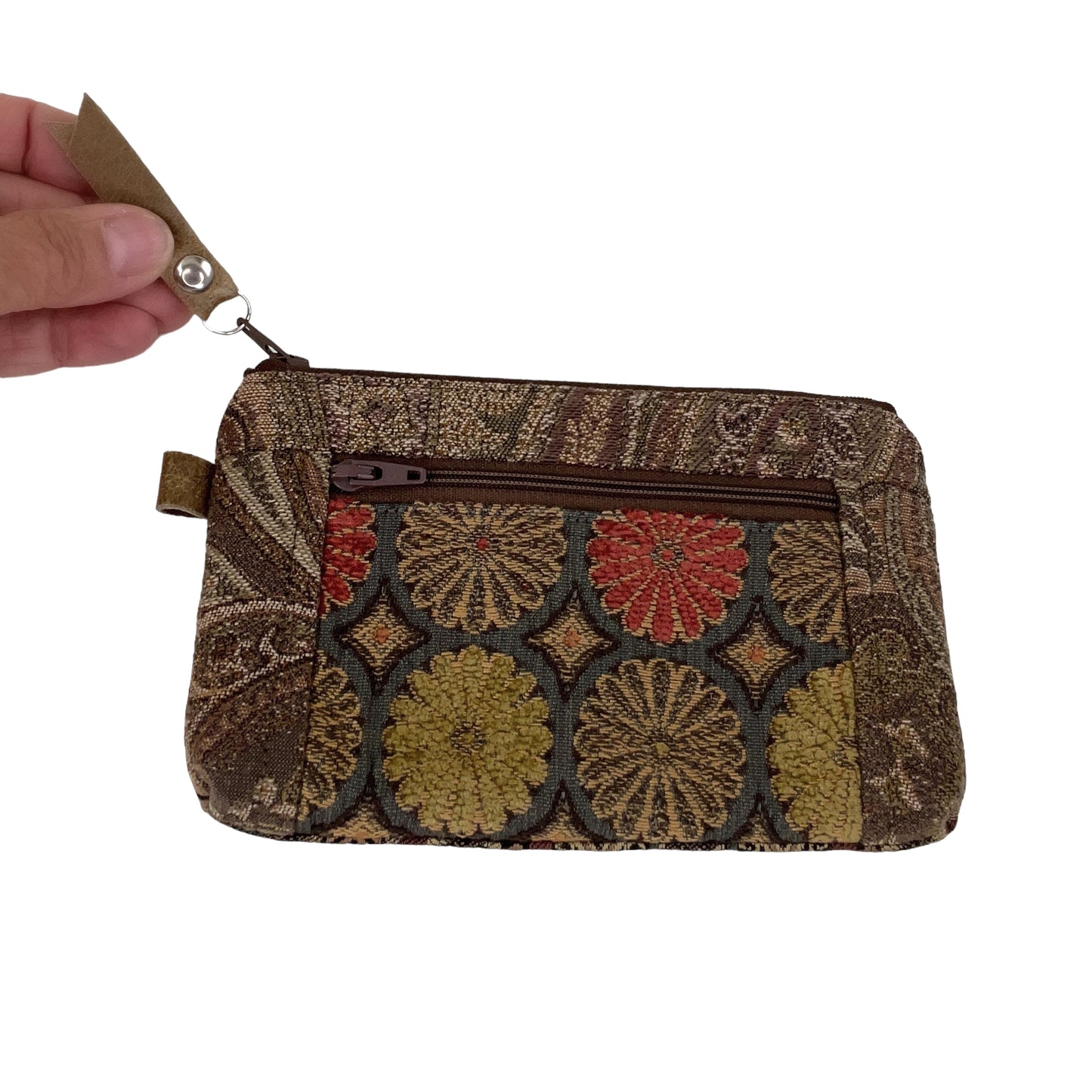 Brown Grey Orange Patchwork Tapestry Zipper Card Wallet