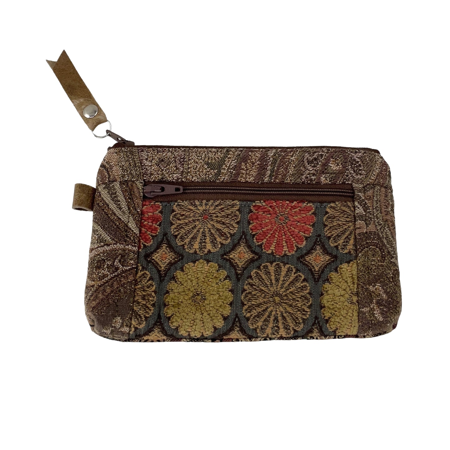 Brown Grey Orange Patchwork Tapestry Zipper Card Wallet