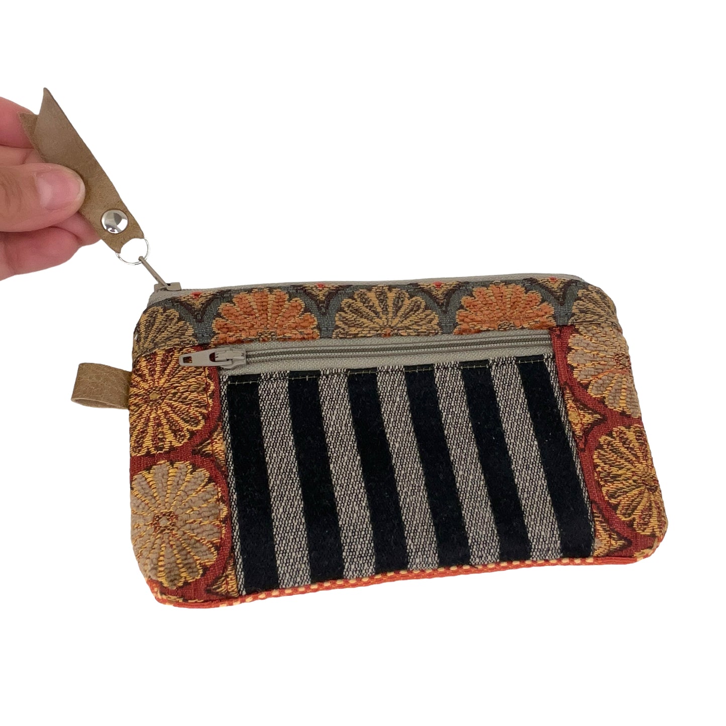 Black Grey Gold and Orange Patchwork Tapestry Zipper Card Wallet