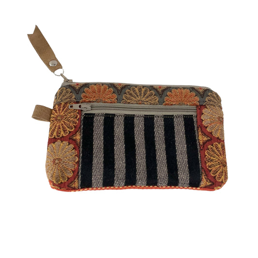 Black Grey Gold and Orange Patchwork Tapestry Zipper Card Wallet