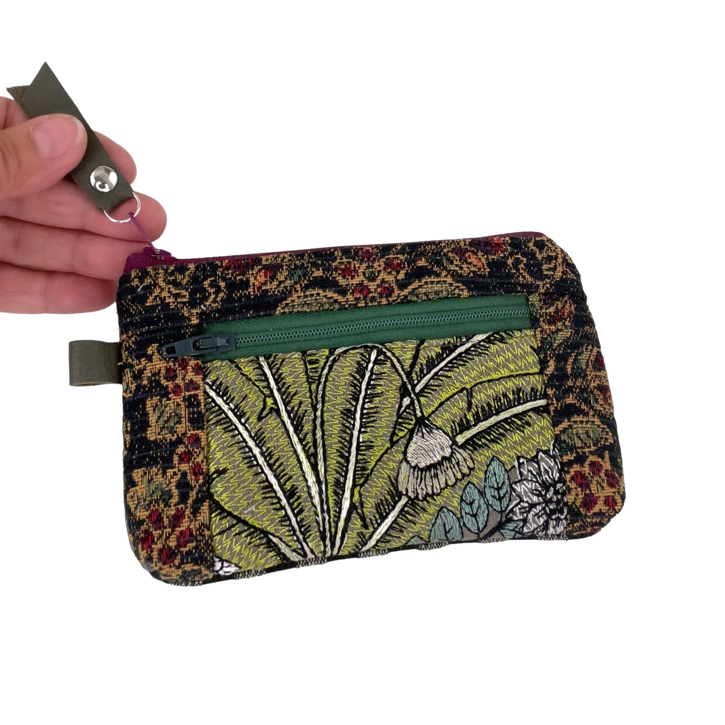 Black Green Patchwork Tapestry Zipper Card Wallet